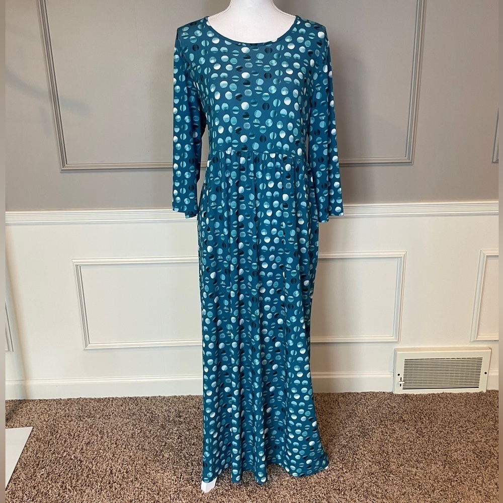 Ulla Popken Dress 12 /14 Matte Jersey Blue Dot Print Empire A-Line Maxi Stretch